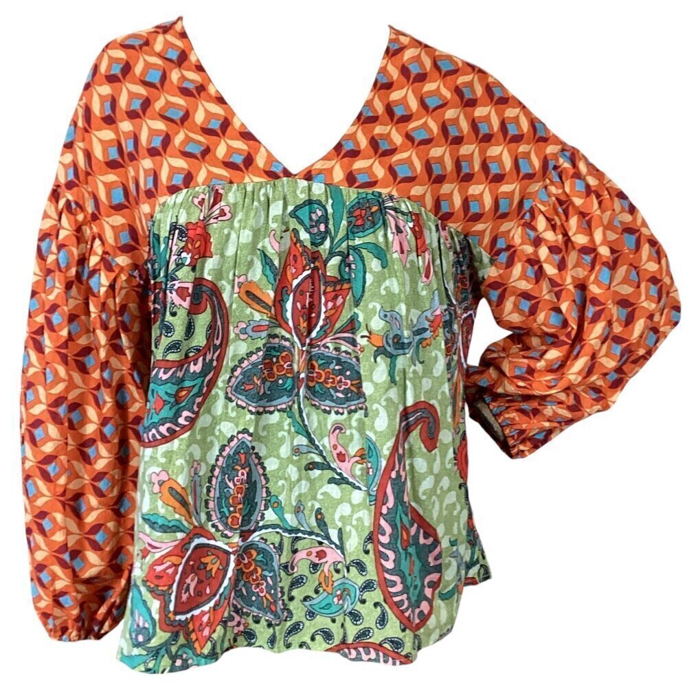 BUCKET LIST Cotton Top Mixed Pattern Paisley BOHO Peasant V-Neck Top S #312D